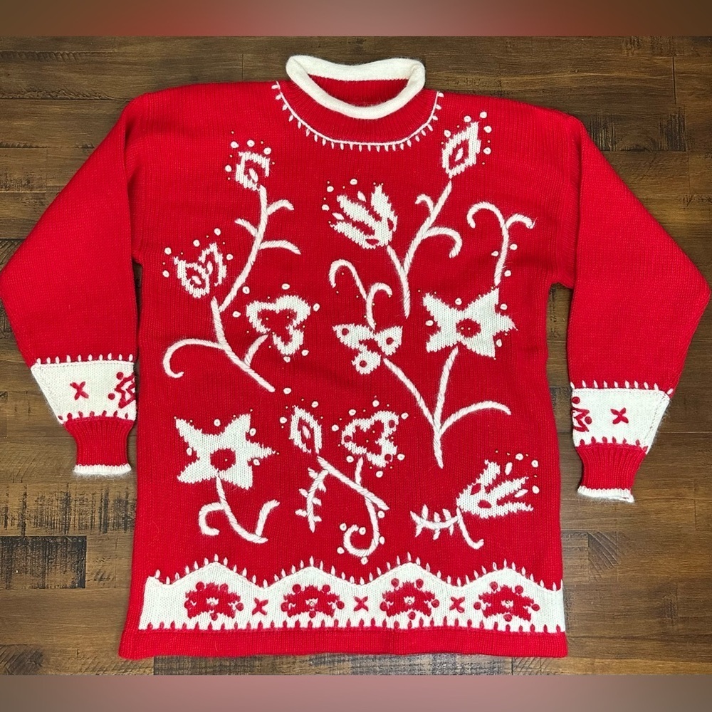 Vintage Dana Scott Mock Neck Sweater Red embroidered Wool, Angora Size Medium